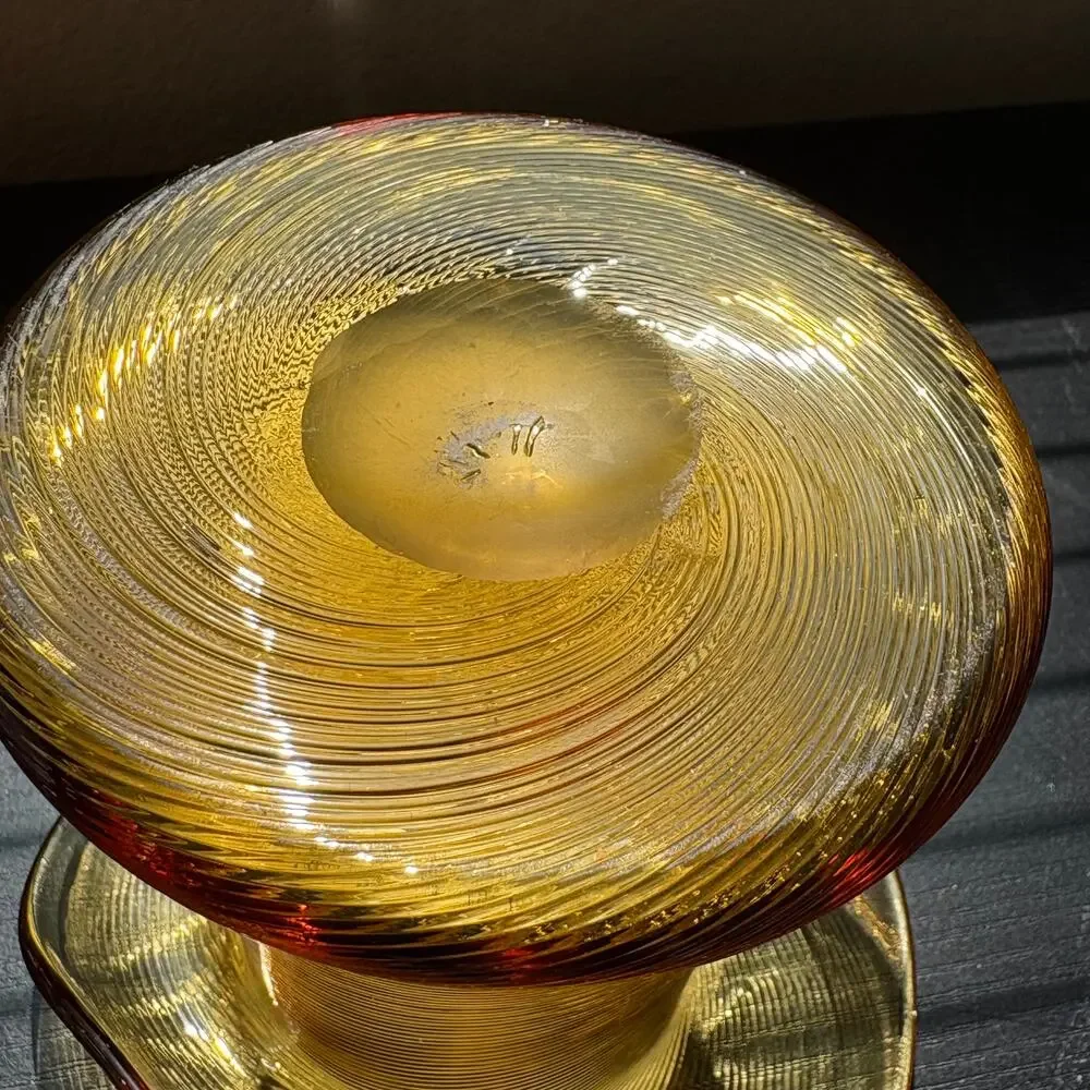 Vintage Amber Glass Hat Vase Hand Blown w/ Pontil Mark Spiral Pattern MCM Ribbed